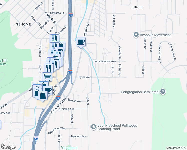 map of restaurants, bars, coffee shops, grocery stores, and more near 4060 Byron Avenue in Bellingham