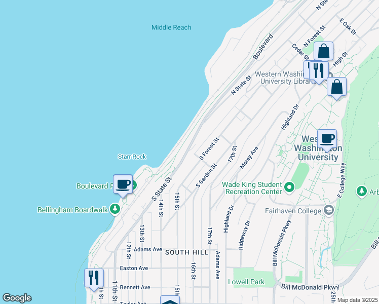 map of restaurants, bars, coffee shops, grocery stores, and more near 309 South State Street in Bellingham