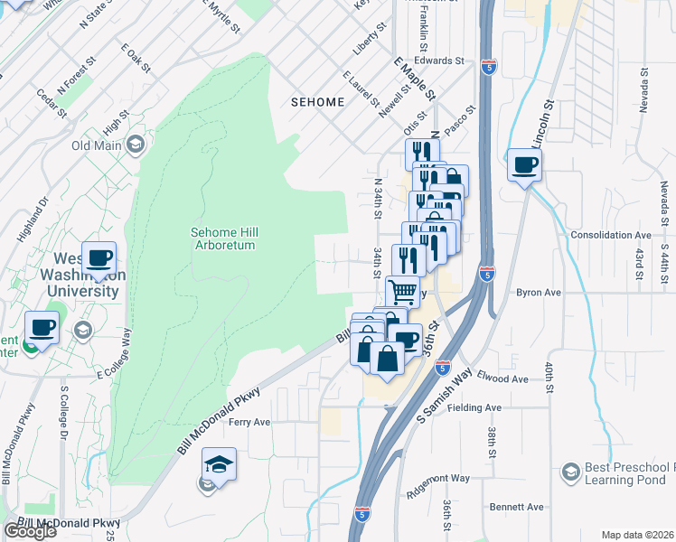 map of restaurants, bars, coffee shops, grocery stores, and more near 109 32nd Street in Bellingham