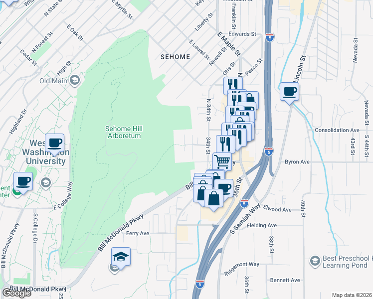 map of restaurants, bars, coffee shops, grocery stores, and more near 109 32nd Street in Bellingham