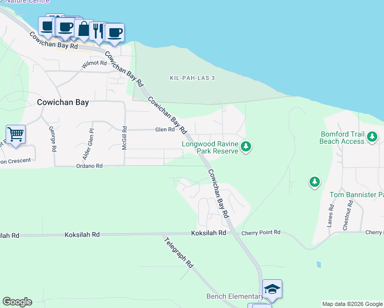 map of restaurants, bars, coffee shops, grocery stores, and more near 1592 Longwood Road in Cowichan Bay