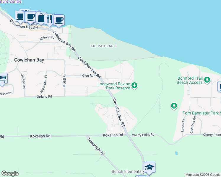 map of restaurants, bars, coffee shops, grocery stores, and more near 1591 Cowichan Bay Road in Cowichan Bay