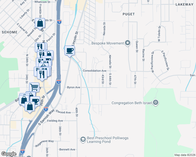 map of restaurants, bars, coffee shops, grocery stores, and more near 118 South 42nd Street in Bellingham