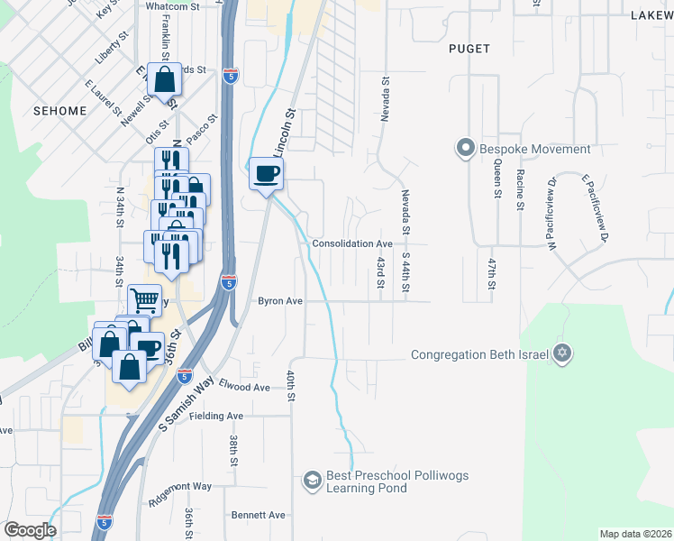 map of restaurants, bars, coffee shops, grocery stores, and more near 112 South 41st Street in Bellingham