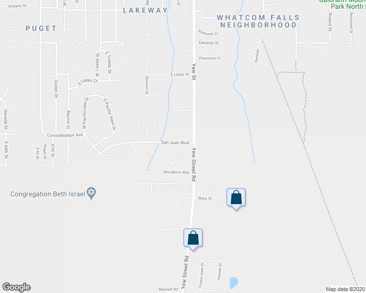 map of restaurants, bars, coffee shops, grocery stores, and more near 2500 Yew Street Road in Bellingham
