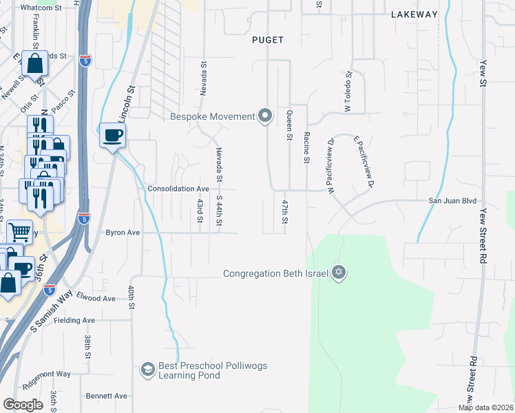 map of restaurants, bars, coffee shops, grocery stores, and more near 120 South 46 Street in Bellingham