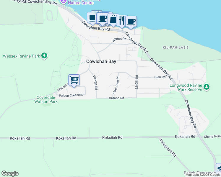 map of restaurants, bars, coffee shops, grocery stores, and more near 1734 Maple Glen Place in Cowichan Bay