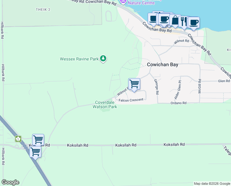 map of restaurants, bars, coffee shops, grocery stores, and more near 1900 Vee Road in Cowichan Bay