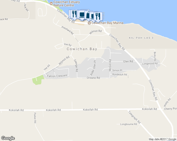 map of restaurants, bars, coffee shops, grocery stores, and more near 1734 Maple Glen Place in Cowichan Bay