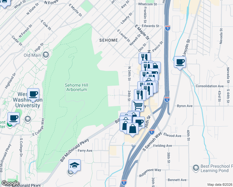map of restaurants, bars, coffee shops, grocery stores, and more near 124 33rd Street in Bellingham
