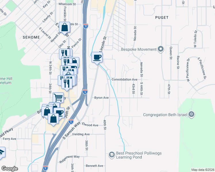 map of restaurants, bars, coffee shops, grocery stores, and more near 110 Ashley Avenue in Bellingham