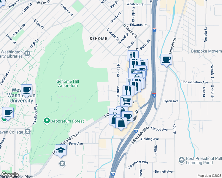 map of restaurants, bars, coffee shops, grocery stores, and more near 3305 Allen Avenue in Bellingham