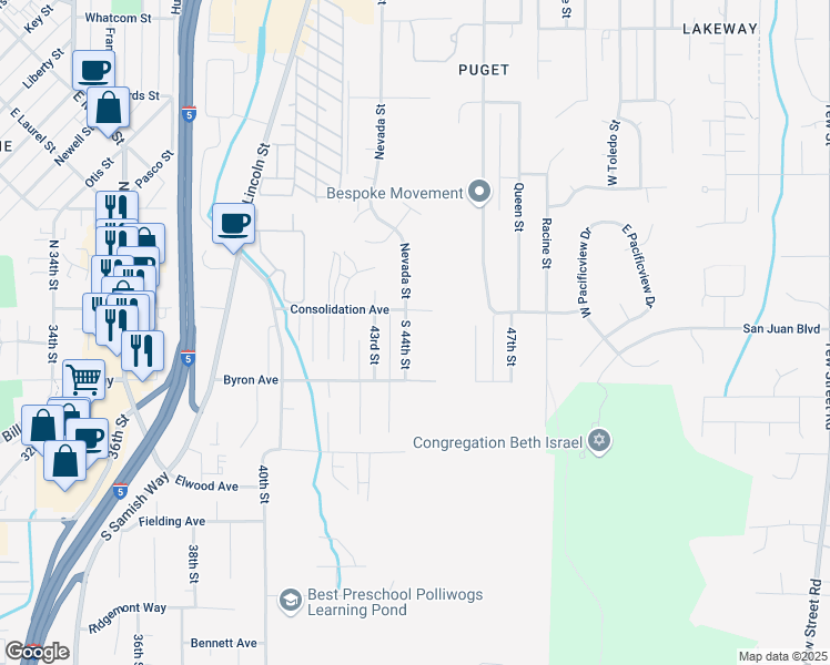 map of restaurants, bars, coffee shops, grocery stores, and more near 111 South 44th Street in Bellingham