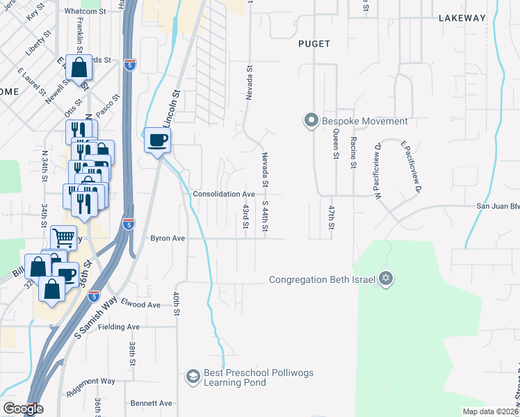 map of restaurants, bars, coffee shops, grocery stores, and more near 109 43rd Street in Bellingham