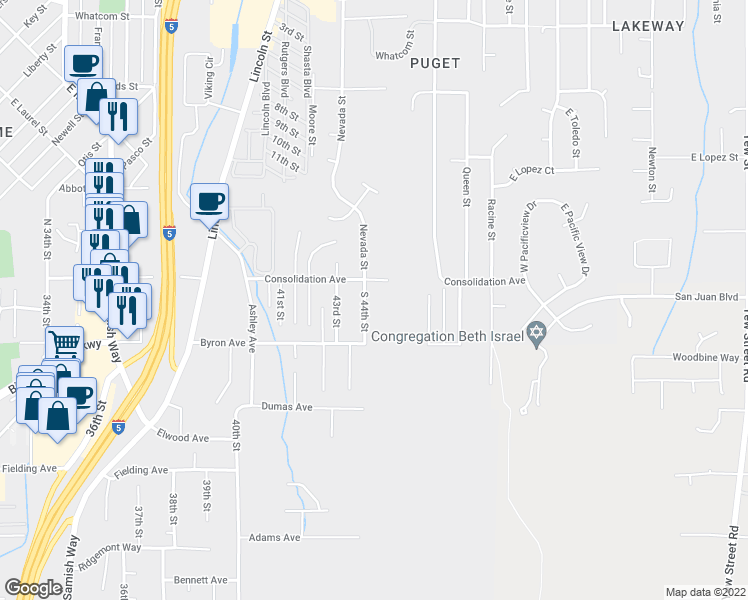 map of restaurants, bars, coffee shops, grocery stores, and more near 115 South 44th Street in Bellingham