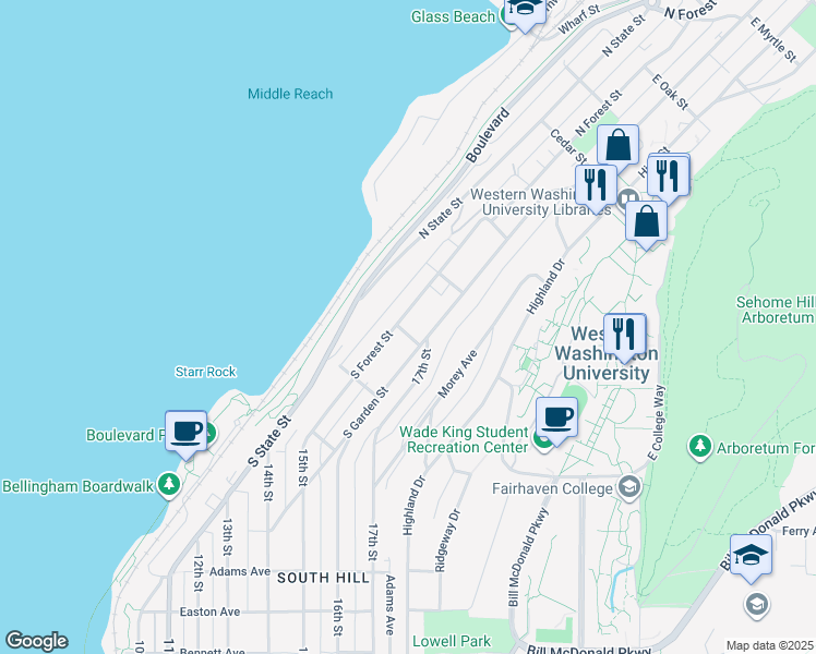 map of restaurants, bars, coffee shops, grocery stores, and more near 157 South Forest Street in Bellingham