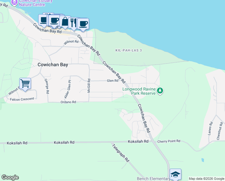 map of restaurants, bars, coffee shops, grocery stores, and more near 1627 Simon Place in Cowichan Bay