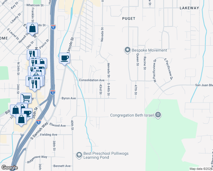 map of restaurants, bars, coffee shops, grocery stores, and more near 109 43rd Street in Bellingham