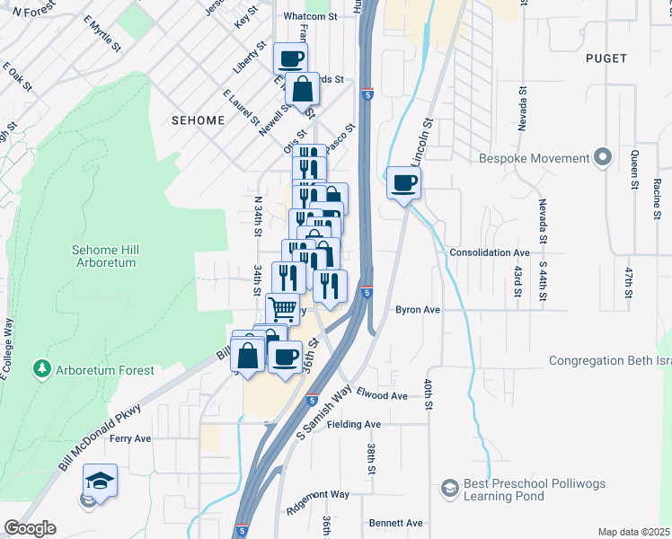 map of restaurants, bars, coffee shops, grocery stores, and more near 109 South Samish Way in Bellingham