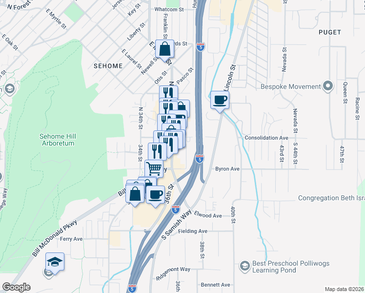 map of restaurants, bars, coffee shops, grocery stores, and more near 109 South Samish Way in Bellingham