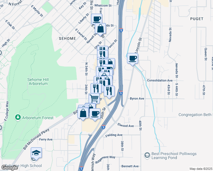 map of restaurants, bars, coffee shops, grocery stores, and more near 109 North Samish Way in Bellingham