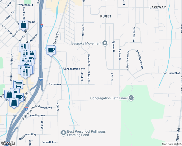 map of restaurants, bars, coffee shops, grocery stores, and more near 111 South 44th Street in Bellingham
