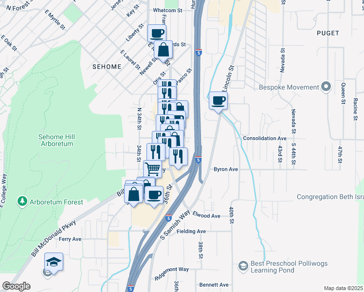 map of restaurants, bars, coffee shops, grocery stores, and more near 109 South Samish Way in Bellingham