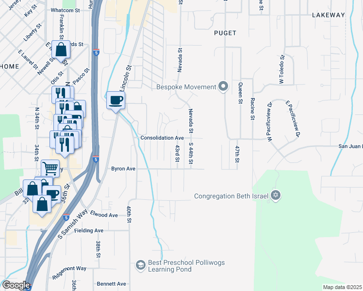 map of restaurants, bars, coffee shops, grocery stores, and more near 109 43rd Street in Bellingham