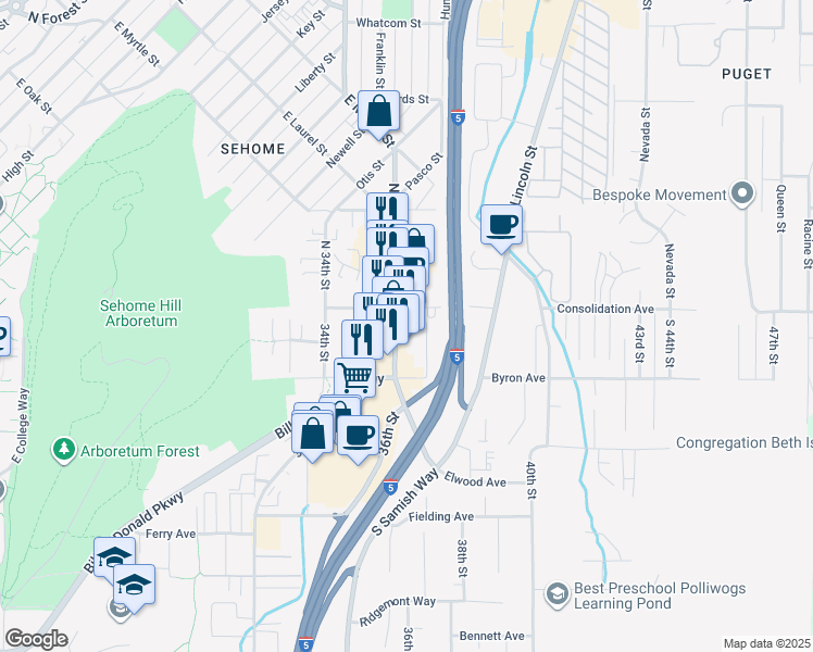 map of restaurants, bars, coffee shops, grocery stores, and more near 109 South Samish Way in Bellingham