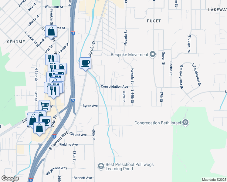 map of restaurants, bars, coffee shops, grocery stores, and more near 118 South 42nd Street in Bellingham