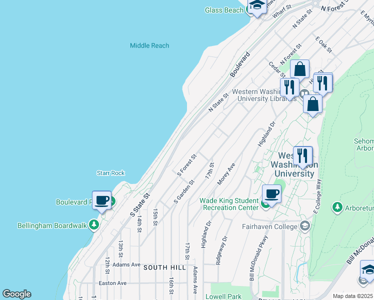 map of restaurants, bars, coffee shops, grocery stores, and more near 206 Forest Lane in Bellingham
