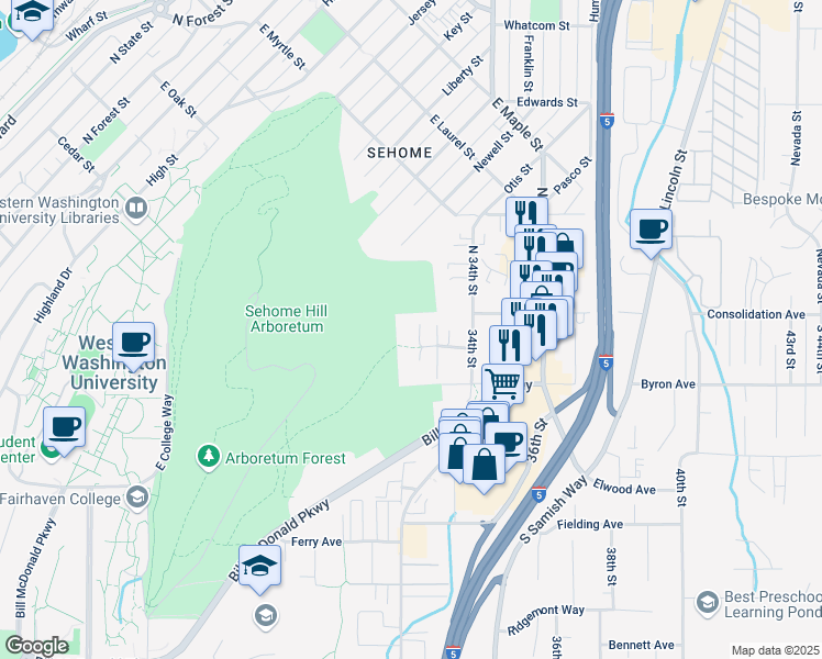 map of restaurants, bars, coffee shops, grocery stores, and more near 109 32nd Street in Bellingham