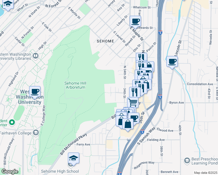 map of restaurants, bars, coffee shops, grocery stores, and more near 109 32nd Street in Bellingham