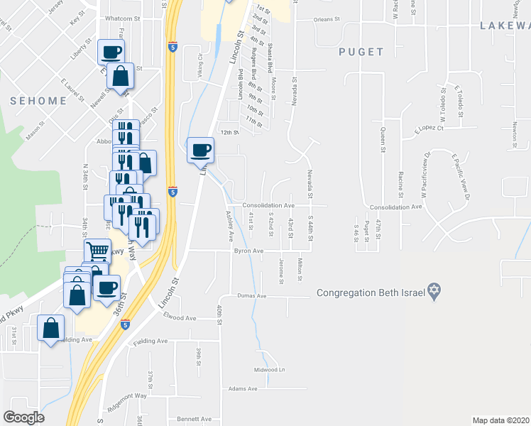 map of restaurants, bars, coffee shops, grocery stores, and more near 116 South 42nd Street in Bellingham