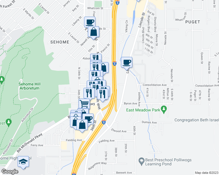 map of restaurants, bars, coffee shops, grocery stores, and more near 3700 Consolidation Avenue in Bellingham