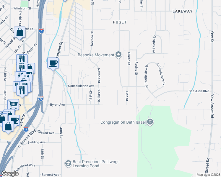 map of restaurants, bars, coffee shops, grocery stores, and more near 120 South 46 Street in Bellingham