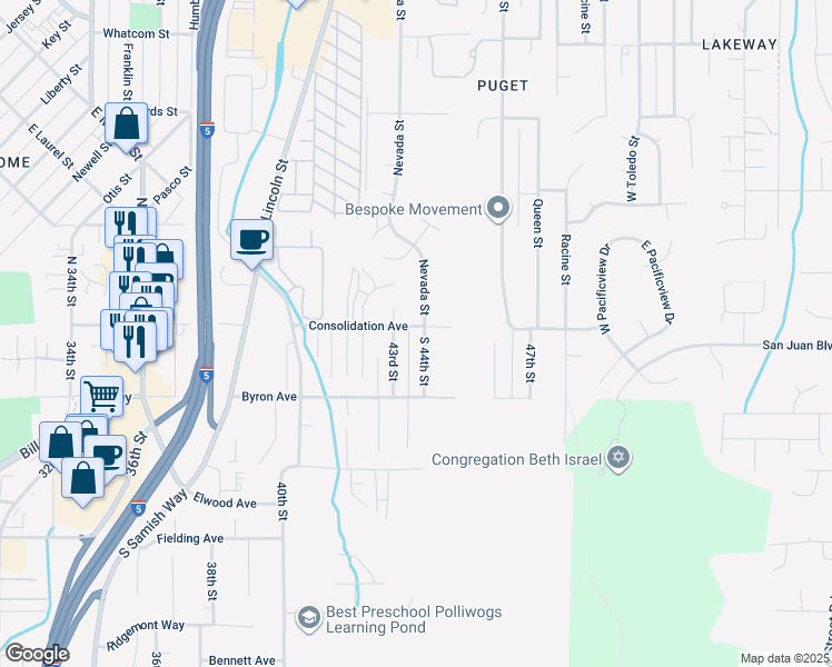 map of restaurants, bars, coffee shops, grocery stores, and more near 109 43rd Street in Bellingham