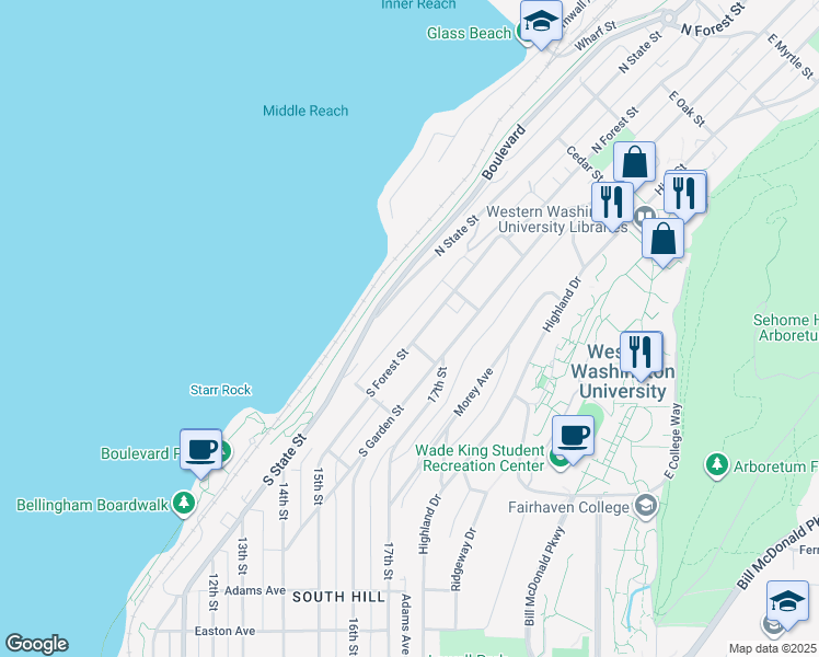 map of restaurants, bars, coffee shops, grocery stores, and more near 157 South Forest Street in Bellingham