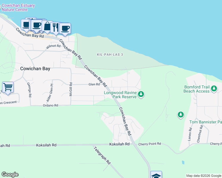 map of restaurants, bars, coffee shops, grocery stores, and more near 1592 Longwood Road in Cowichan Bay
