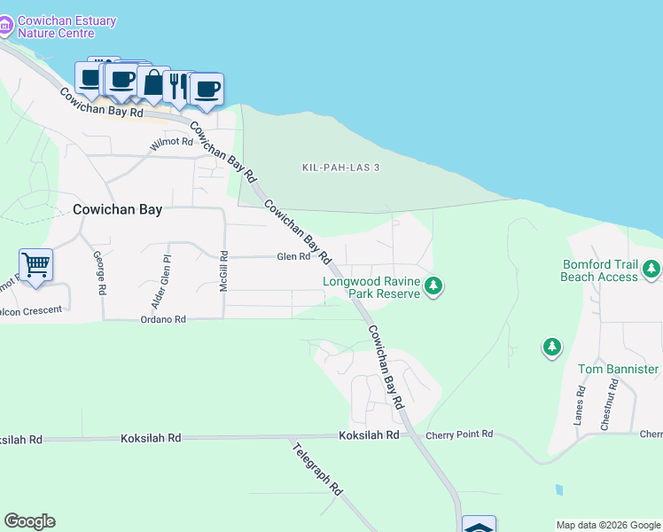map of restaurants, bars, coffee shops, grocery stores, and more near 1591 Cowichan Bay Road in Cowichan Bay