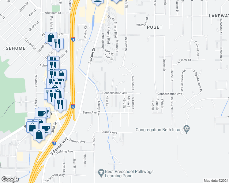 map of restaurants, bars, coffee shops, grocery stores, and more near 118 South 42nd Street in Bellingham