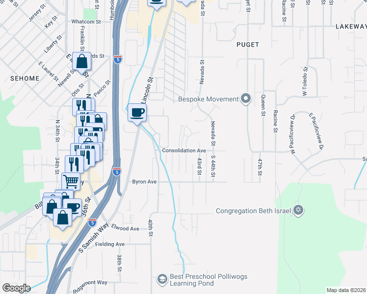 map of restaurants, bars, coffee shops, grocery stores, and more near 801 Blueberry Lane in Bellingham