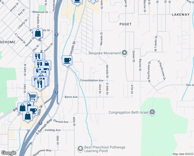 map of restaurants, bars, coffee shops, grocery stores, and more near 109 43rd Street in Bellingham