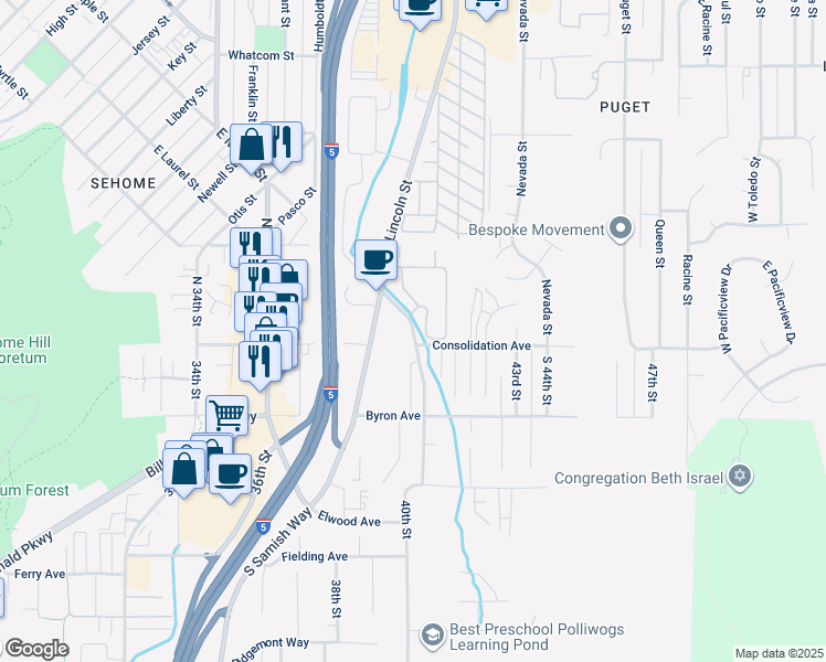 map of restaurants, bars, coffee shops, grocery stores, and more near 1705 East Maple Street in Bellingham