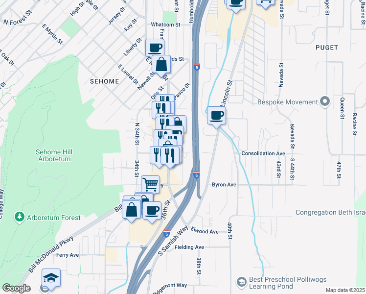 map of restaurants, bars, coffee shops, grocery stores, and more near 116 North Samish Way in Bellingham