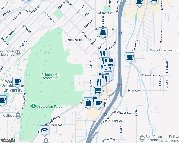 map of restaurants, bars, coffee shops, grocery stores, and more near 103 North 34th Street in Bellingham