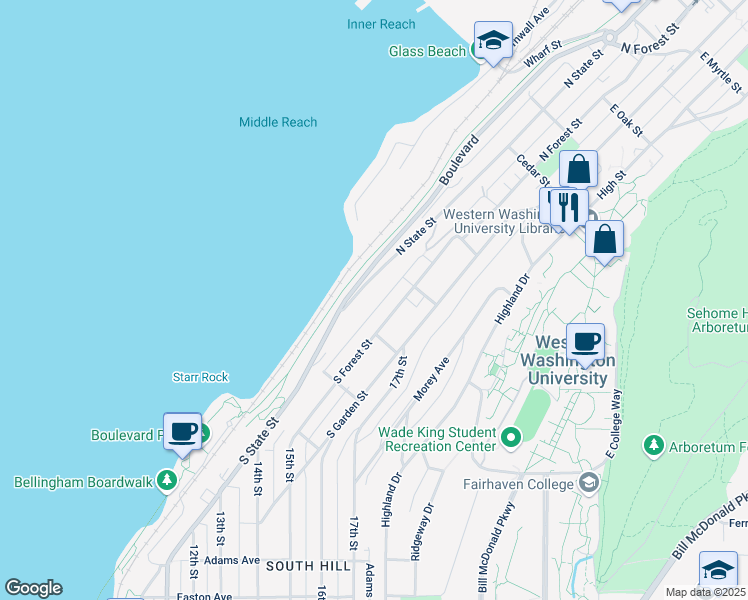 map of restaurants, bars, coffee shops, grocery stores, and more near 110 Forest Lane in Bellingham