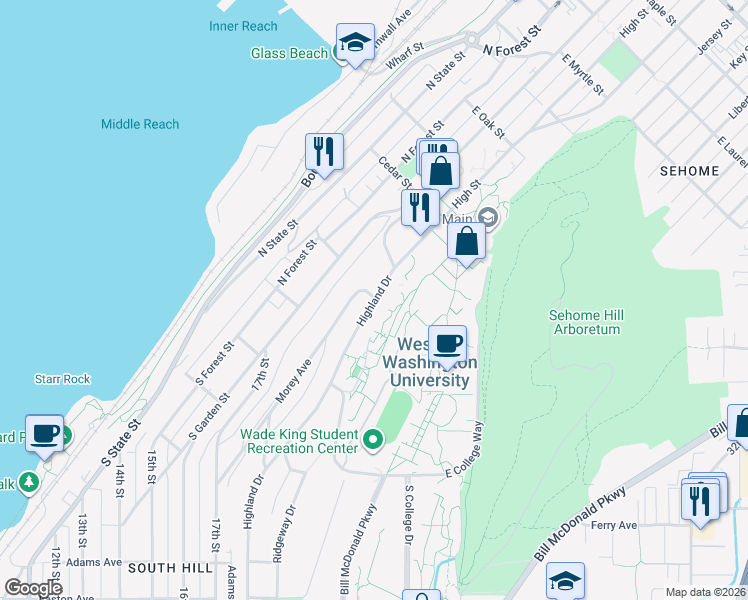 map of restaurants, bars, coffee shops, grocery stores, and more near Highland Dr & Morey Ave in Bellingham