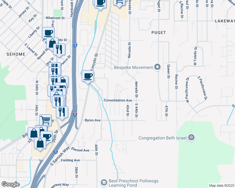 map of restaurants, bars, coffee shops, grocery stores, and more near 817 Blueberry Lane in Bellingham