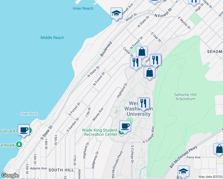 map of restaurants, bars, coffee shops, grocery stores, and more near 98 Morey Avenue in Bellingham